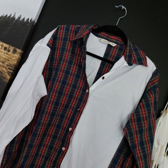 ZARA BASIC SPLIT PLAID / WHITE BUTTON UP SHIRT - Picture 4 of 5